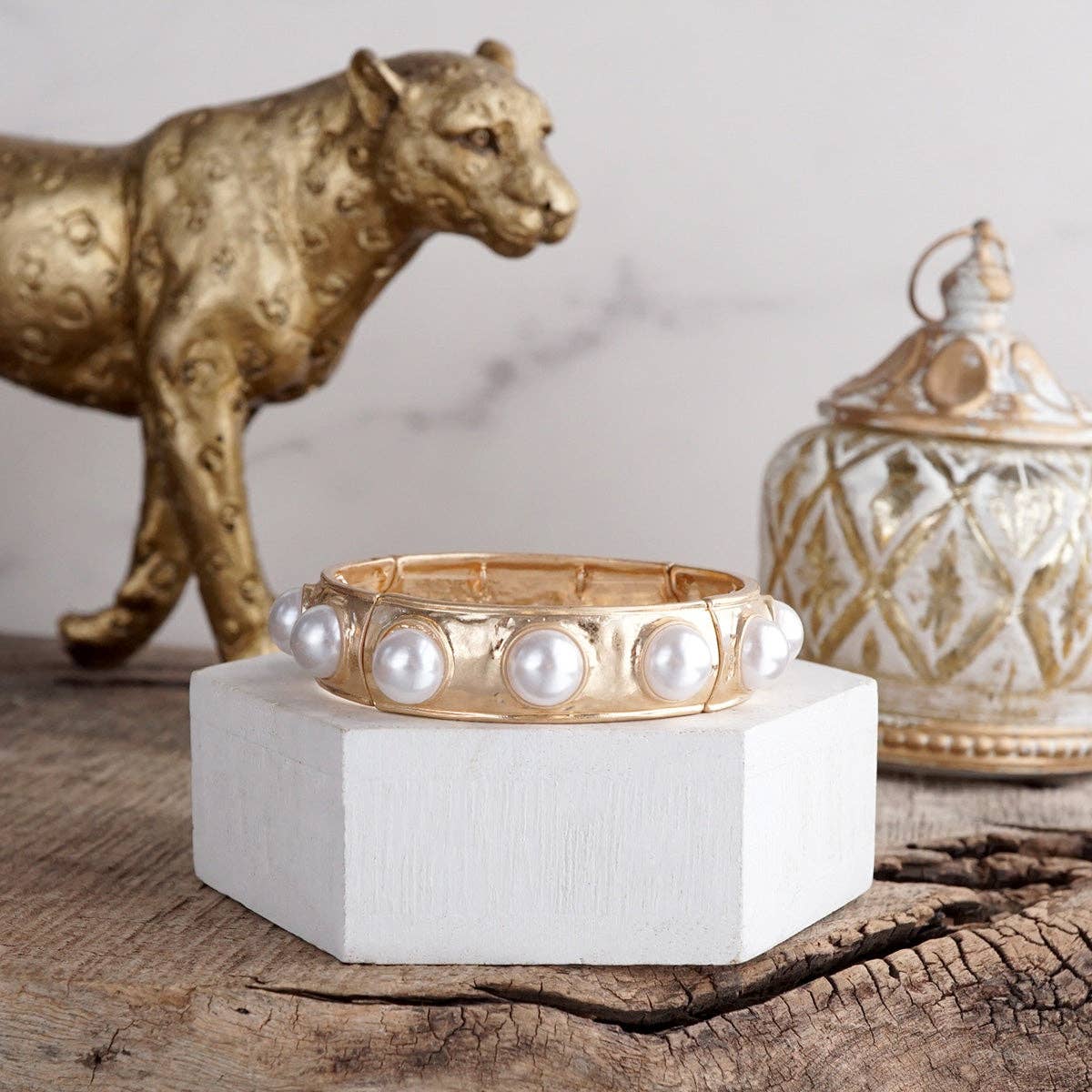 Eternity Statement Bangle Gold Tone and Pearl