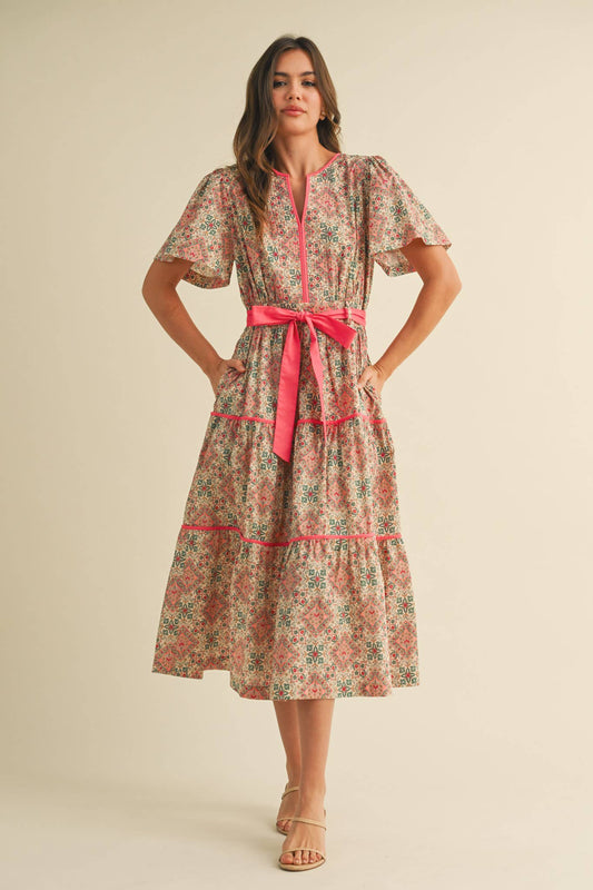 CONTRAST BINDING PRINTED MIDI DRESS