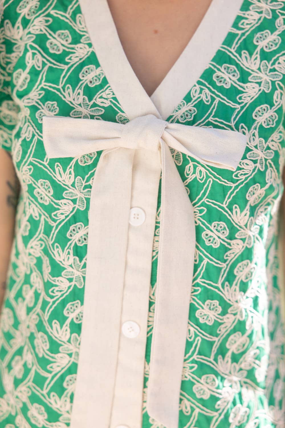 Embroidered Ruffle Sleeve Contrast Ribbon Dress