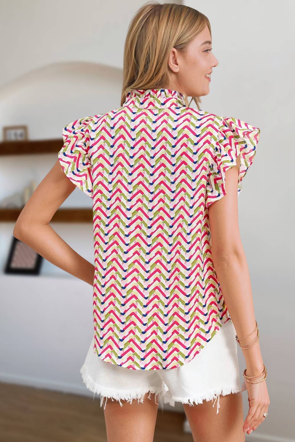 Chevron Print Ruffled Sleeve Blouse | S-XL