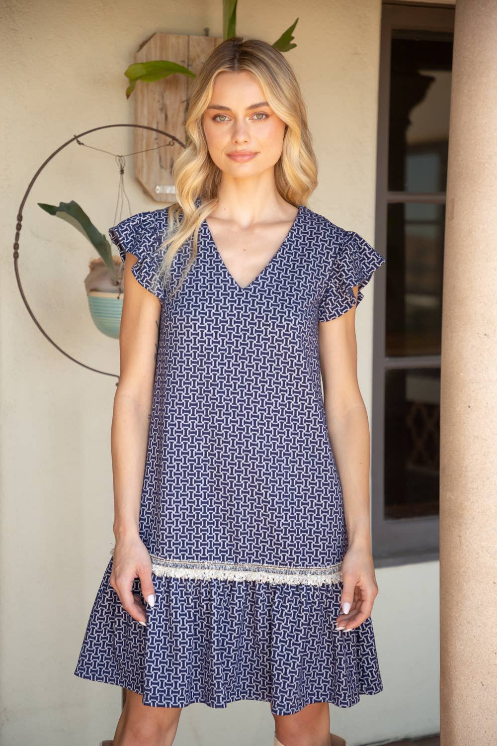 Trim Detailed Ruffle Hem V Neck Shift Dress