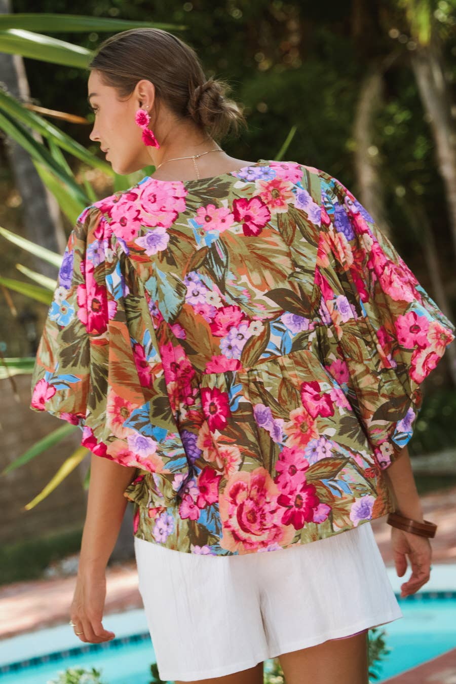 Floral Print Blouse With Wide Bubble Sleeve