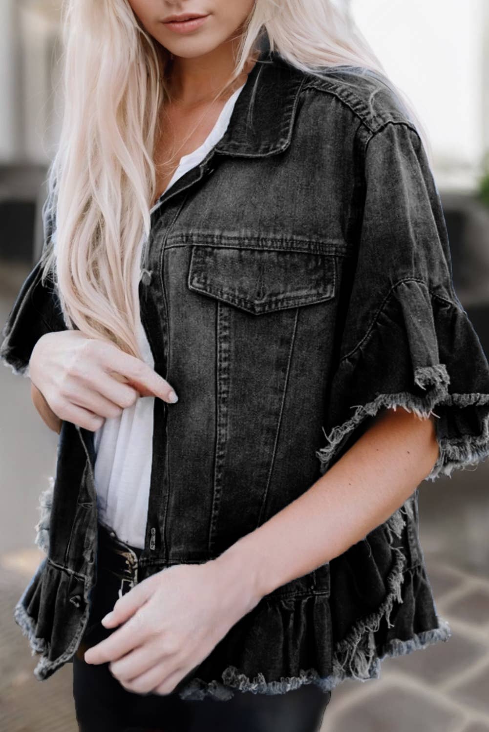 Raw Edge Ruffled Short Sleeve Denim Jacket | S-XL