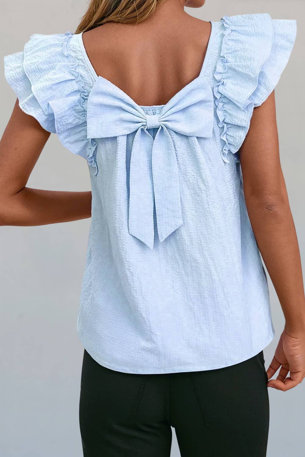 Textured Bow Knot Back Ruffled Blouse  S-XL