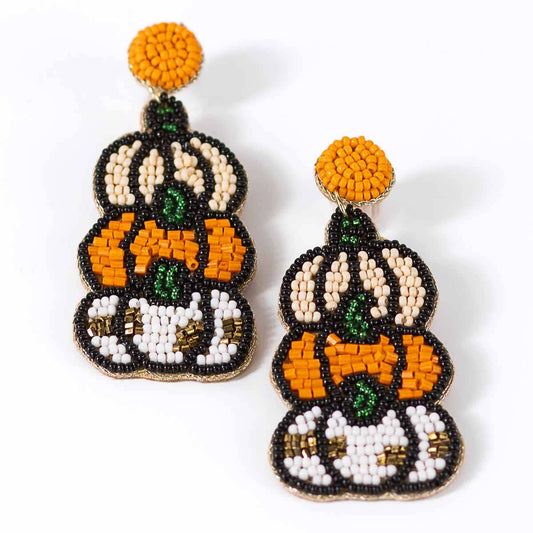 Pumpkin Trio Beaded Earrings   Brown/Orange/White    3.5"