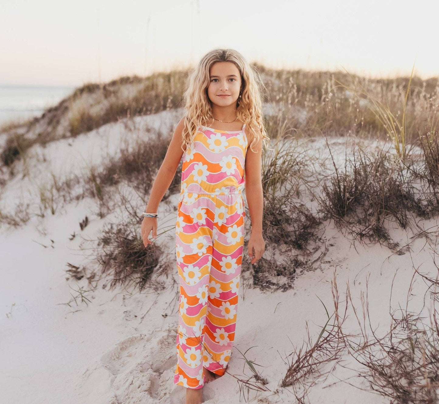 Girls Tangerine & Pink Retro Floral Jumpsuit With Pockets (7-12)