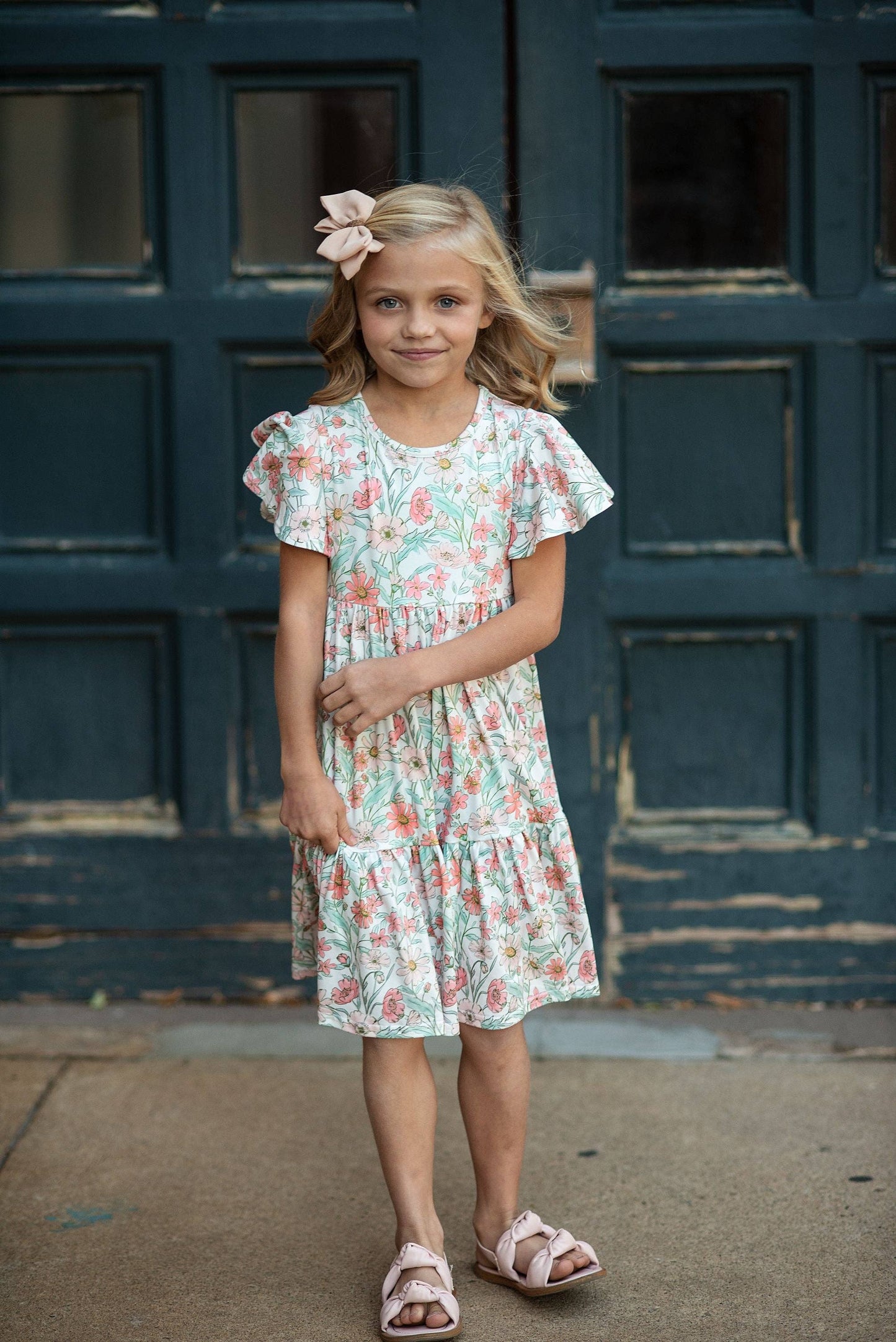 Girls Vintage Beige Floral Spring Easter Flutter Sleeve Dress