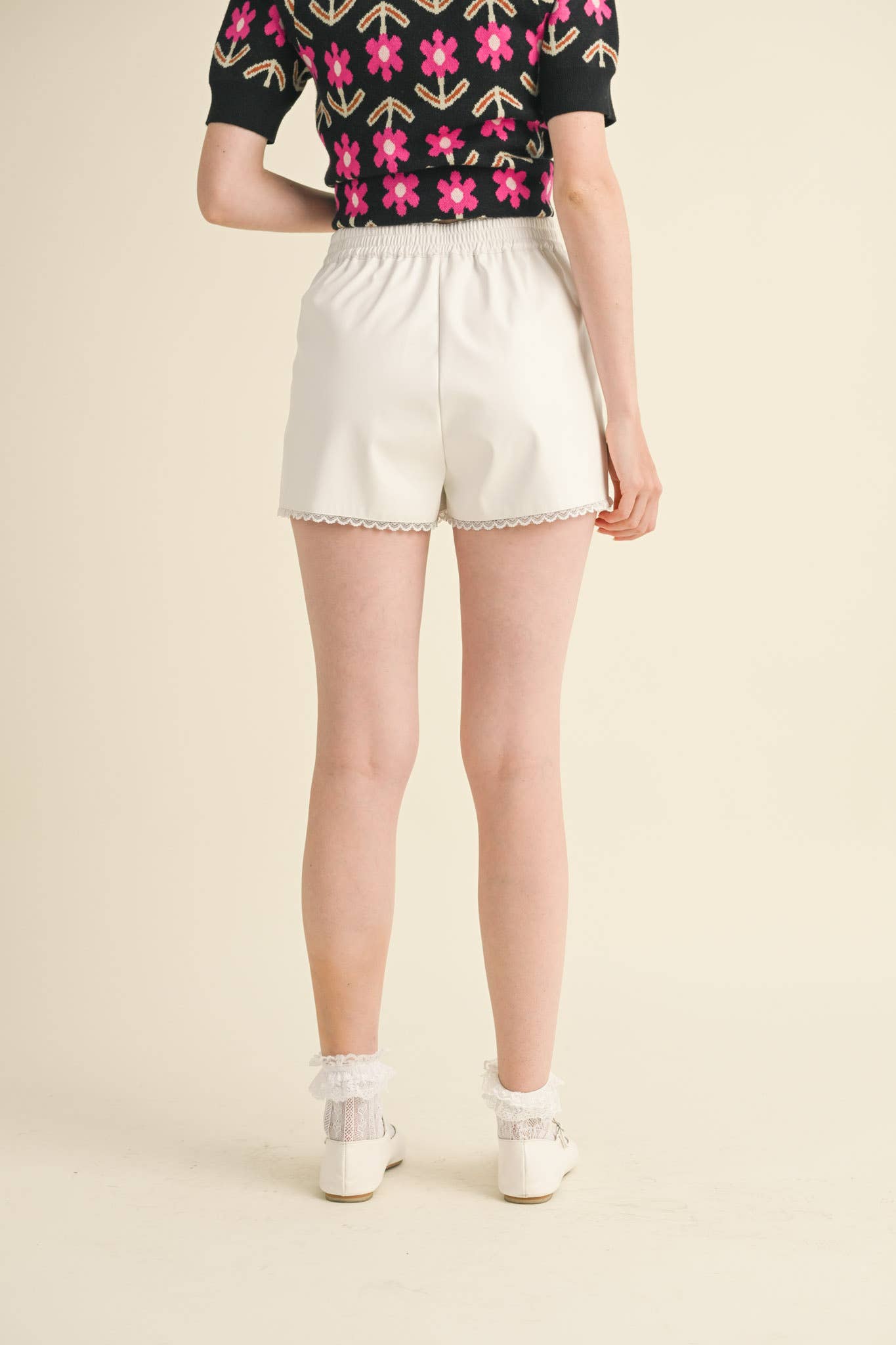 BLACK FAUX LEATHER LACE TRIM SHORTS