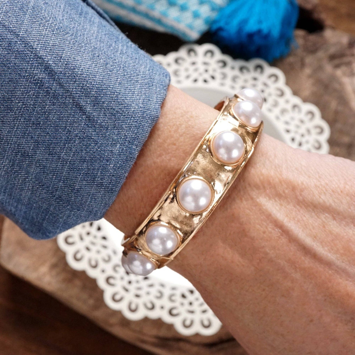 Eternity Statement Bangle Gold Tone and Pearl