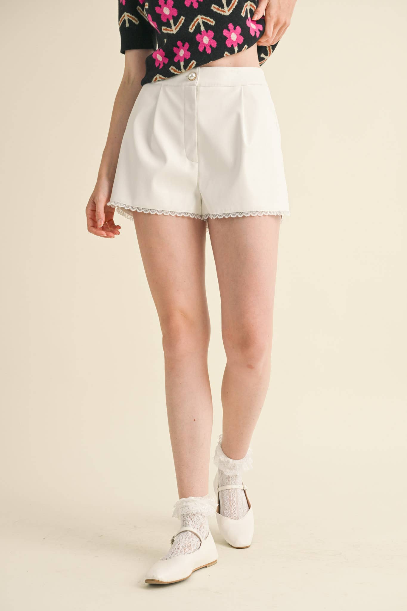 BLACK FAUX LEATHER LACE TRIM SHORTS