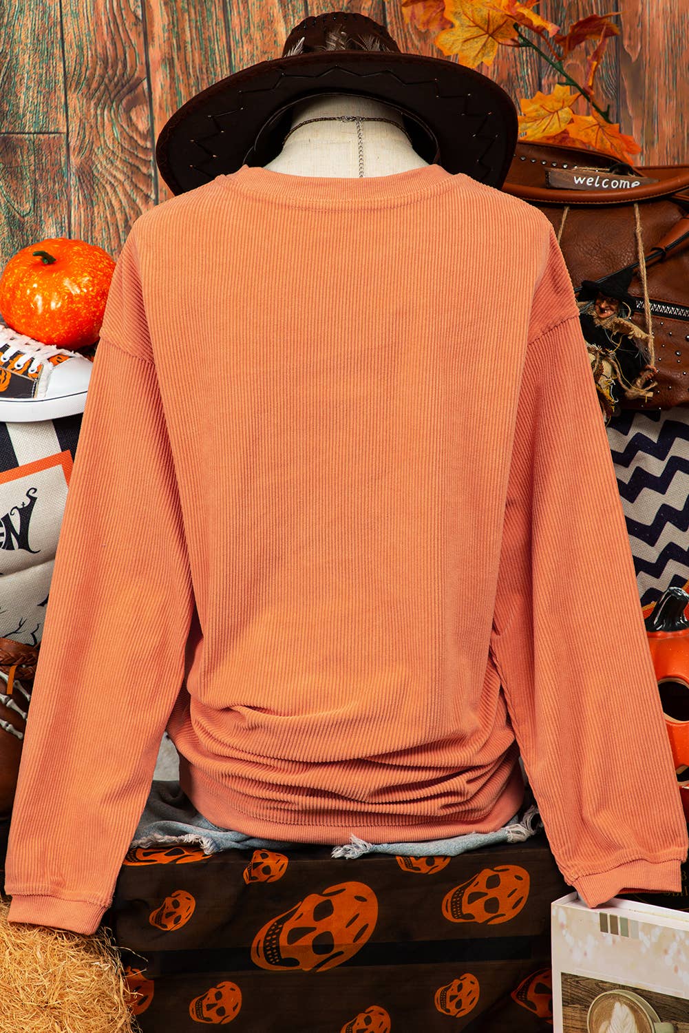 Fashion Halloween Pumpkin Ribbed Round Neck Sweatshirt