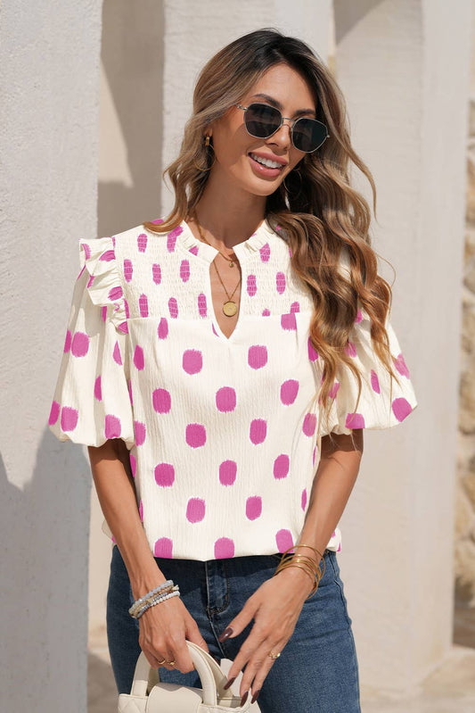 Polka Dot Print Notched Neck Ruffled Shirred Blouse
