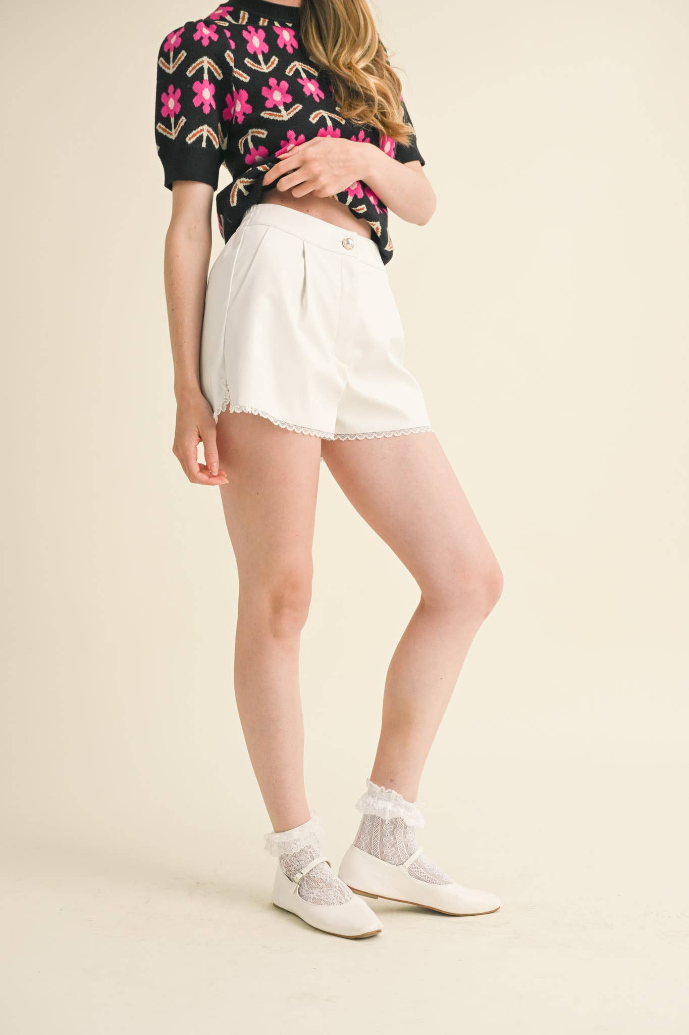 BLACK FAUX LEATHER LACE TRIM SHORTS