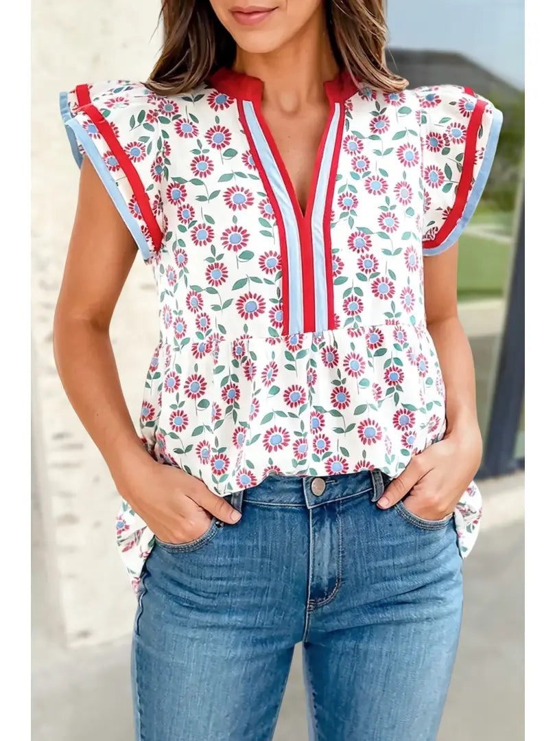 Felicia Floral Contrast Trim V-Neck Ruffle Blouse