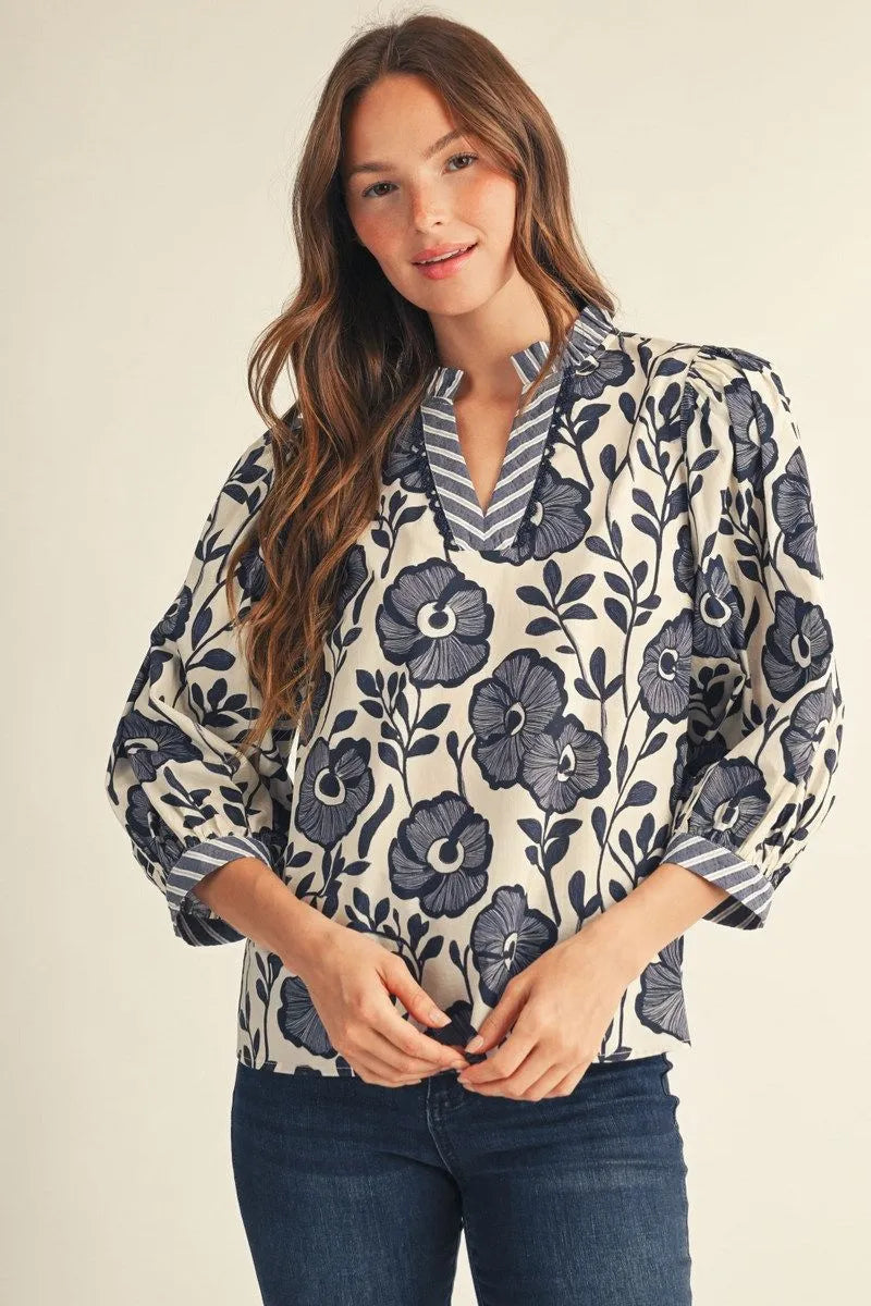 Blakely Blue & White Fall Floral Top
