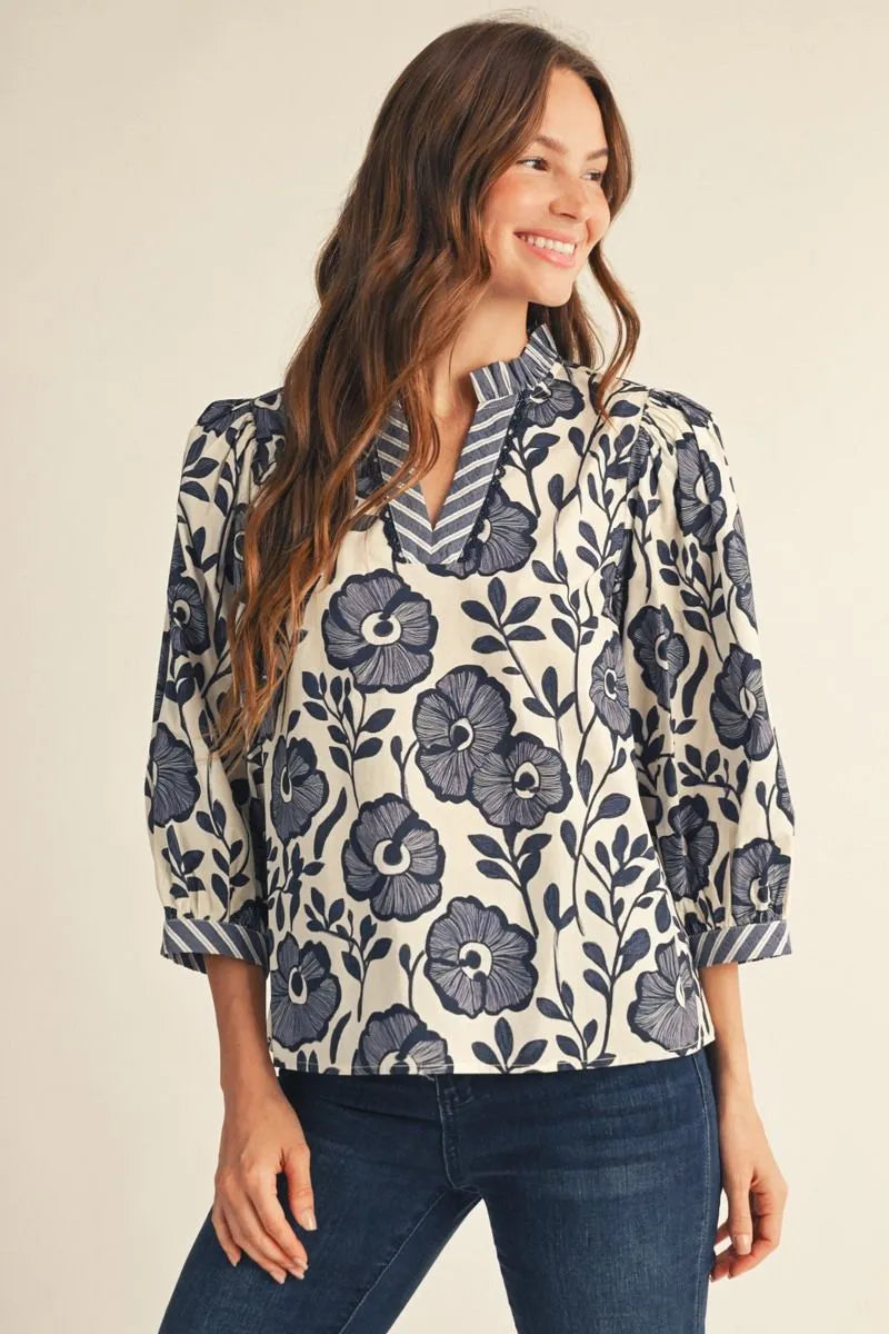 Blakely Blue & White Fall Floral Top