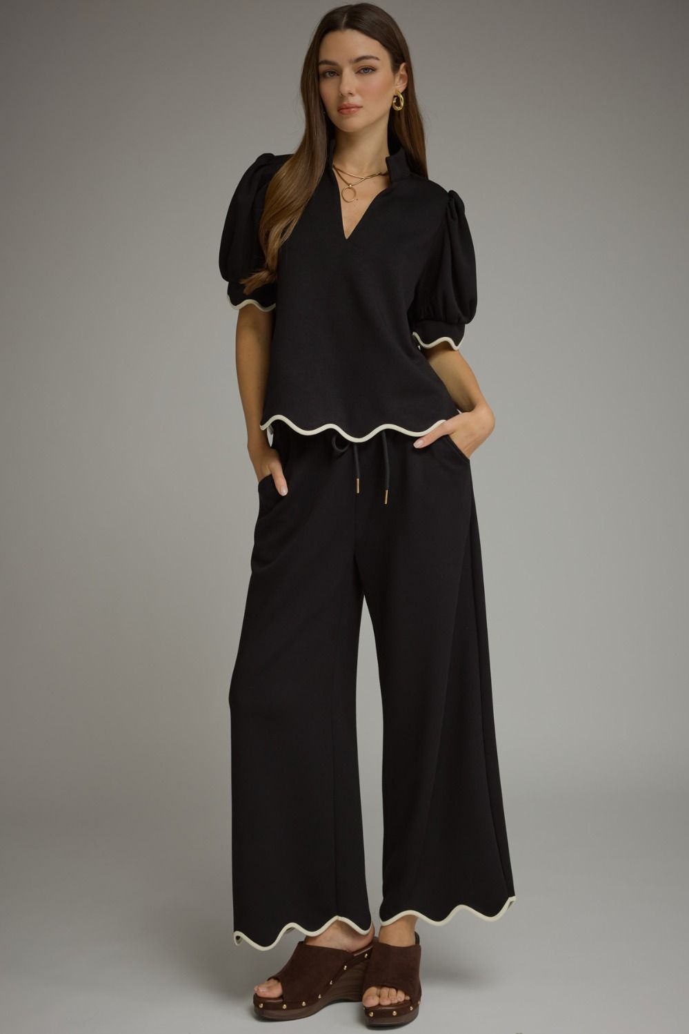 The Suzie Scallop Top (Brown or Black) Matching Pant Available