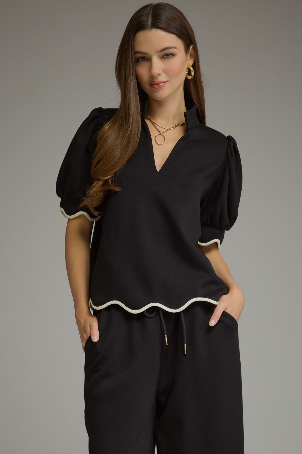 The Suzie Scallop Top (Brown or Black) Matching Pant Available