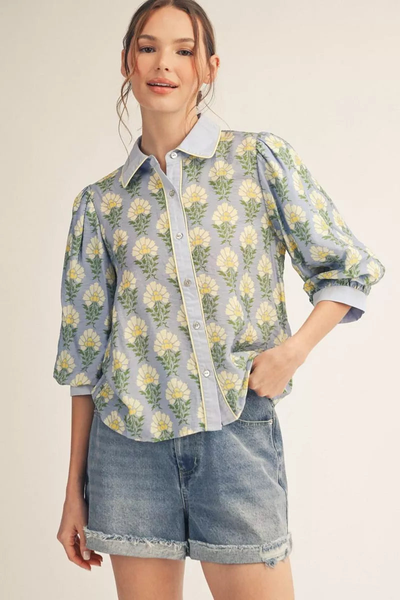 Blue Floral Puff 3/4 Sleeve Top