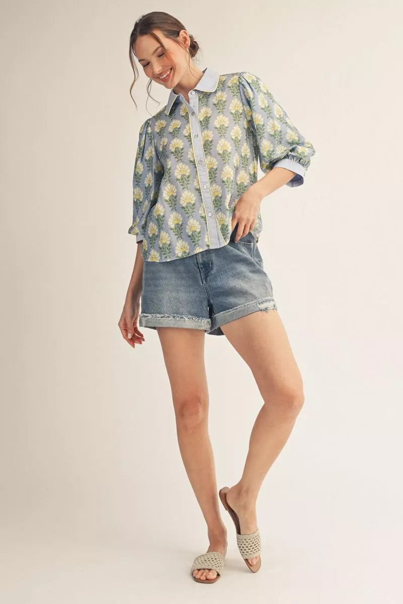 Blue Floral Puff 3/4 Sleeve Top