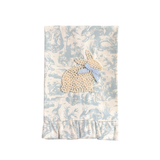 Pink / Blue Toile Tea Towel with Pearl Bunny Applique