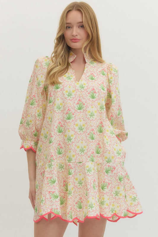 Botanical Mini Dress with Scalloped Detailing (S-L)