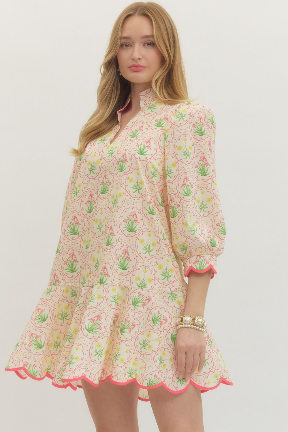 Botanical Mini Dress with Scalloped Detailing (S-L)