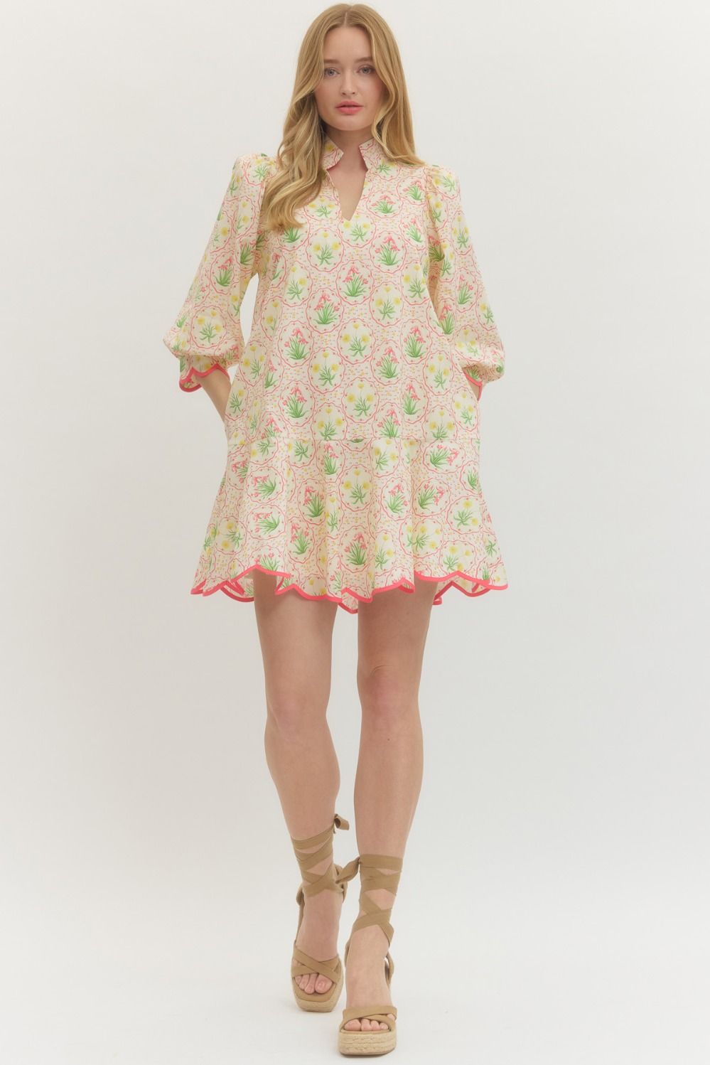 Botanical Mini Dress with Scalloped Detailing (S-L)