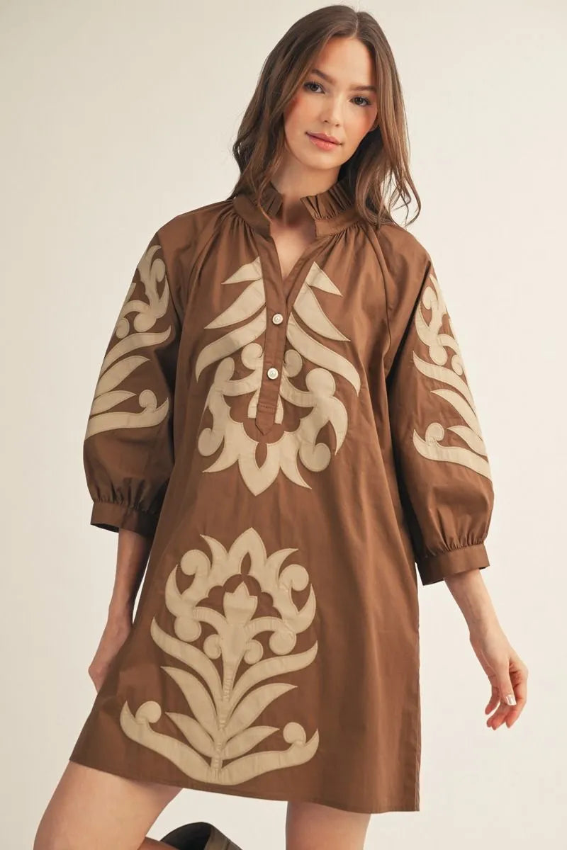 The Shelley Scroll Applique Fall Shift Dress - Brown / Tan
