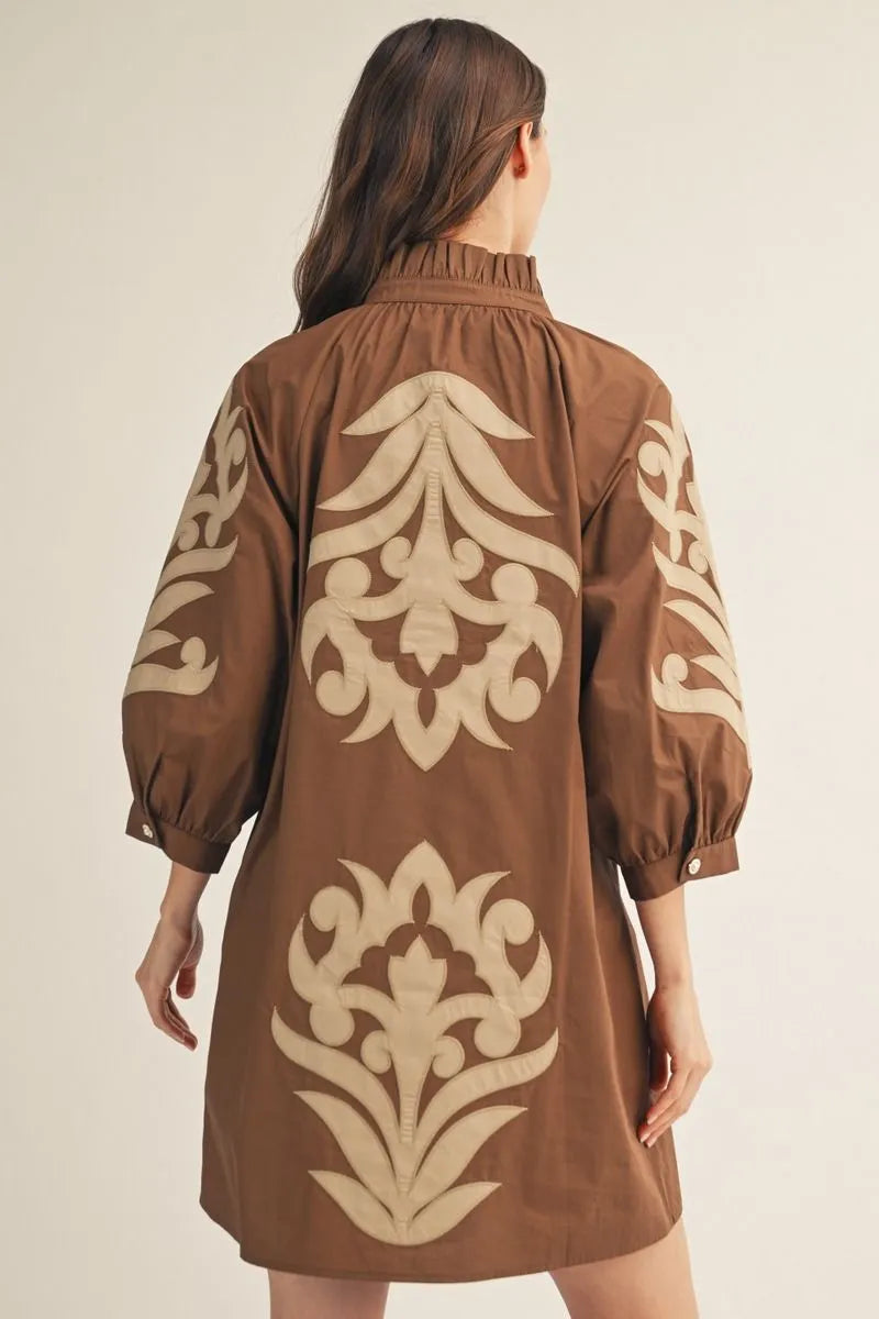 The Shelley Scroll Applique Fall Shift Dress - Brown / Tan