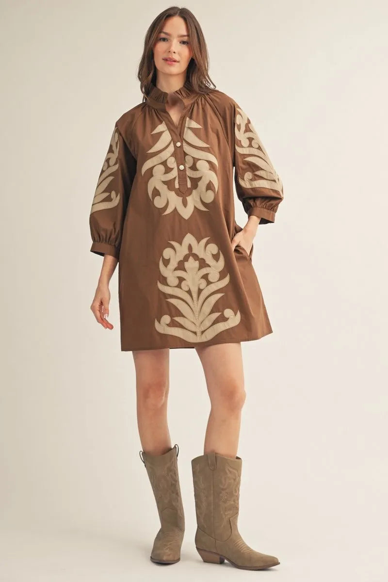 The Shelley Scroll Applique Fall Shift Dress - Brown / Tan