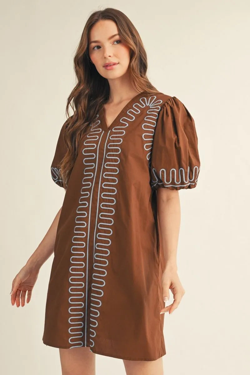 The Brianna Brown / Blue Embroidered Shift Dress