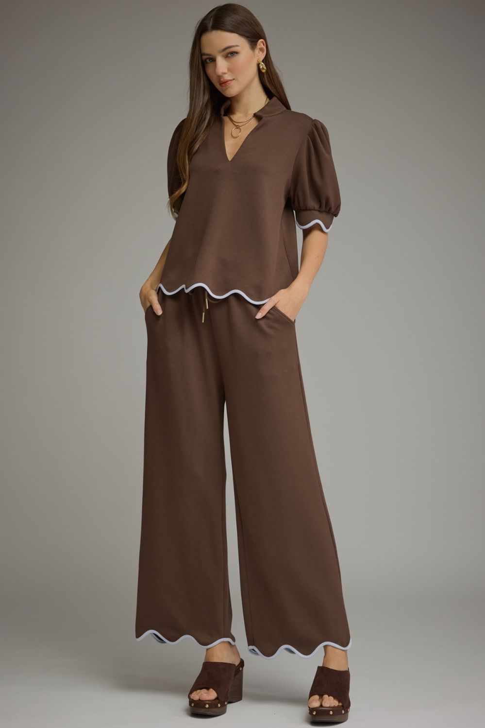 The Suzie Scallop Top (Brown or Black) Matching Pant Available