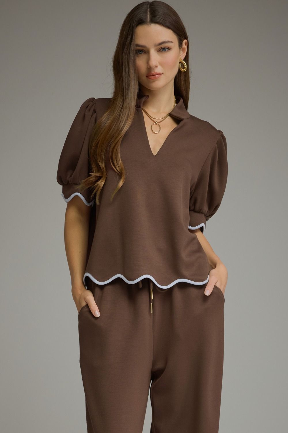 The Suzie Scallop Top (Brown or Black) Matching Pant Available