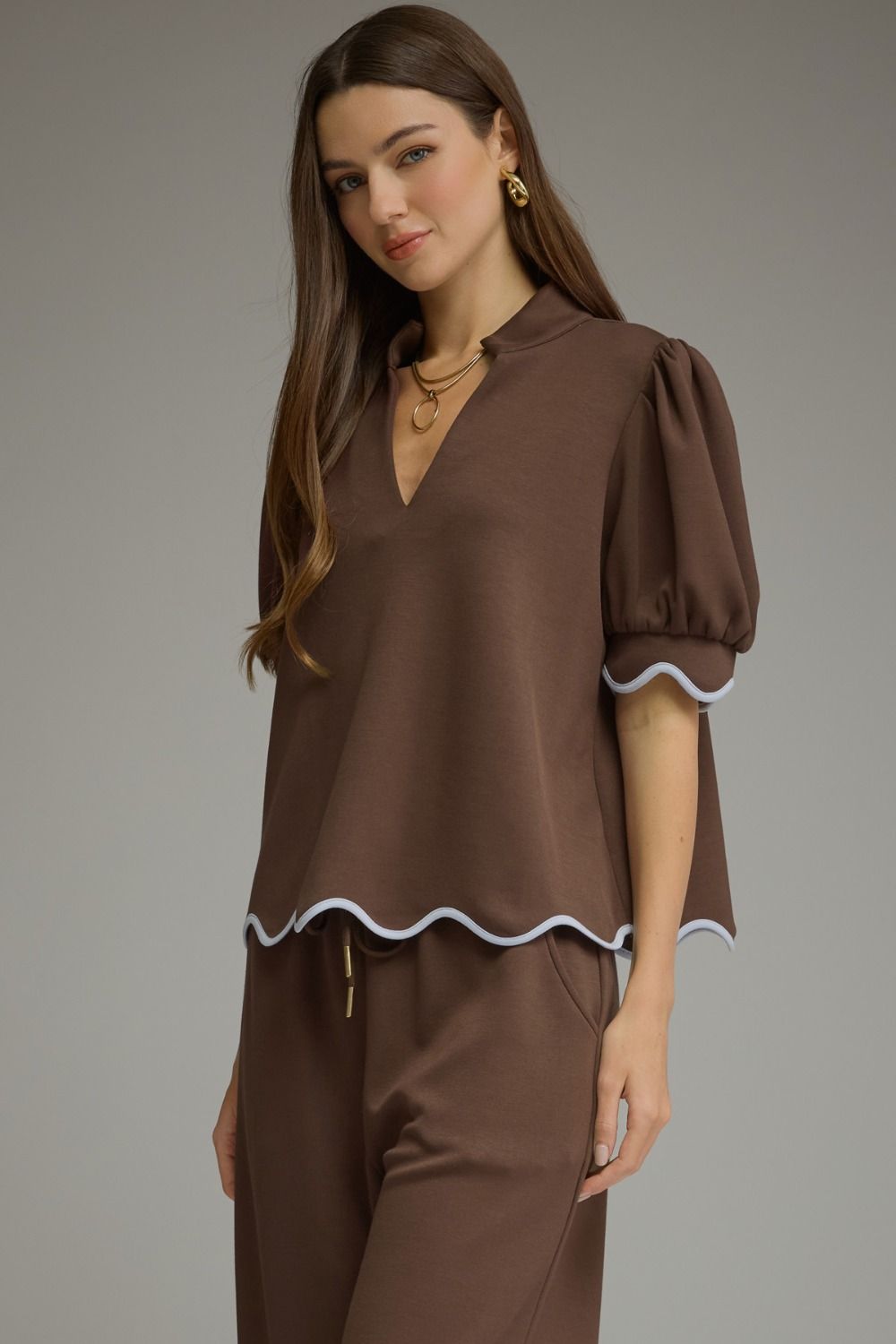 The Suzie Scallop Top (Brown or Black) Matching Pant Available