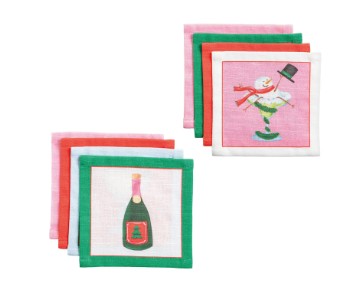 Holiday Cotton Champagne / Cocktail Napkin Sets - Set of 4 Napkins ( 2 Styles )