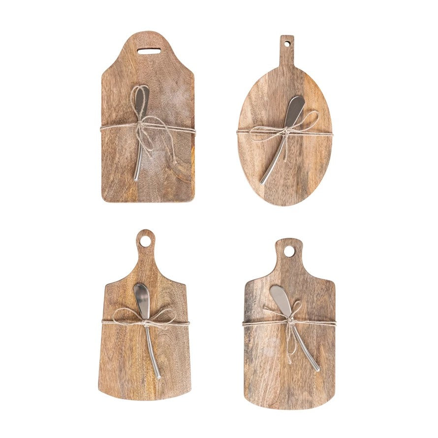 Mango Wood Cheese Serving Board w/ Handle & Canape Knife