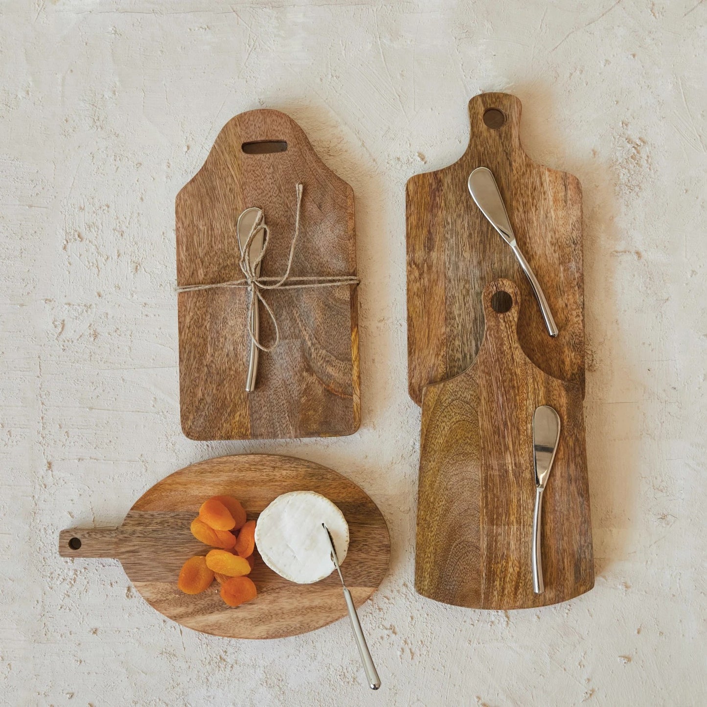Mango Wood Cheese Serving Board w/ Handle & Canape Knife