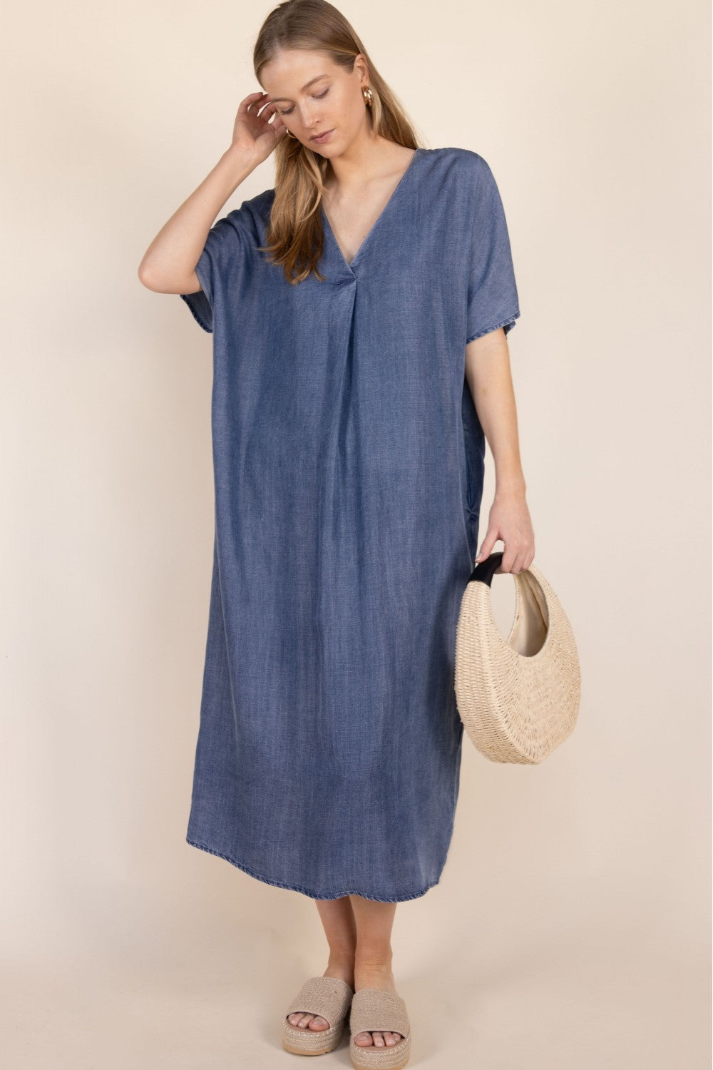 Tencel V-Neck Midi Dress