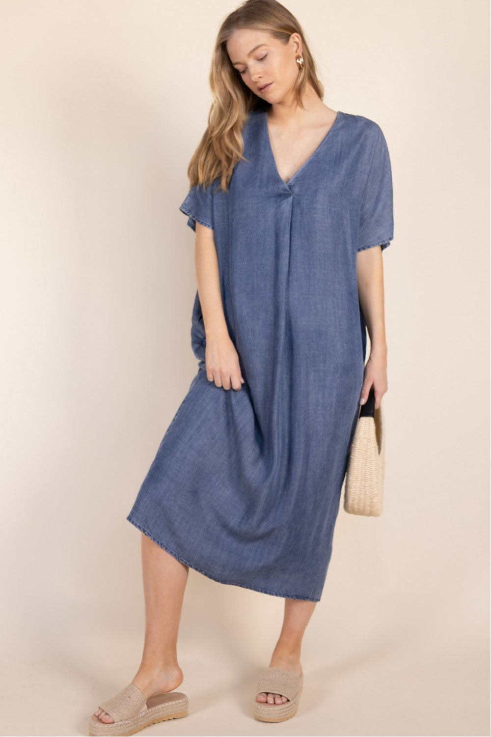 Tencel V-Neck Midi Dress