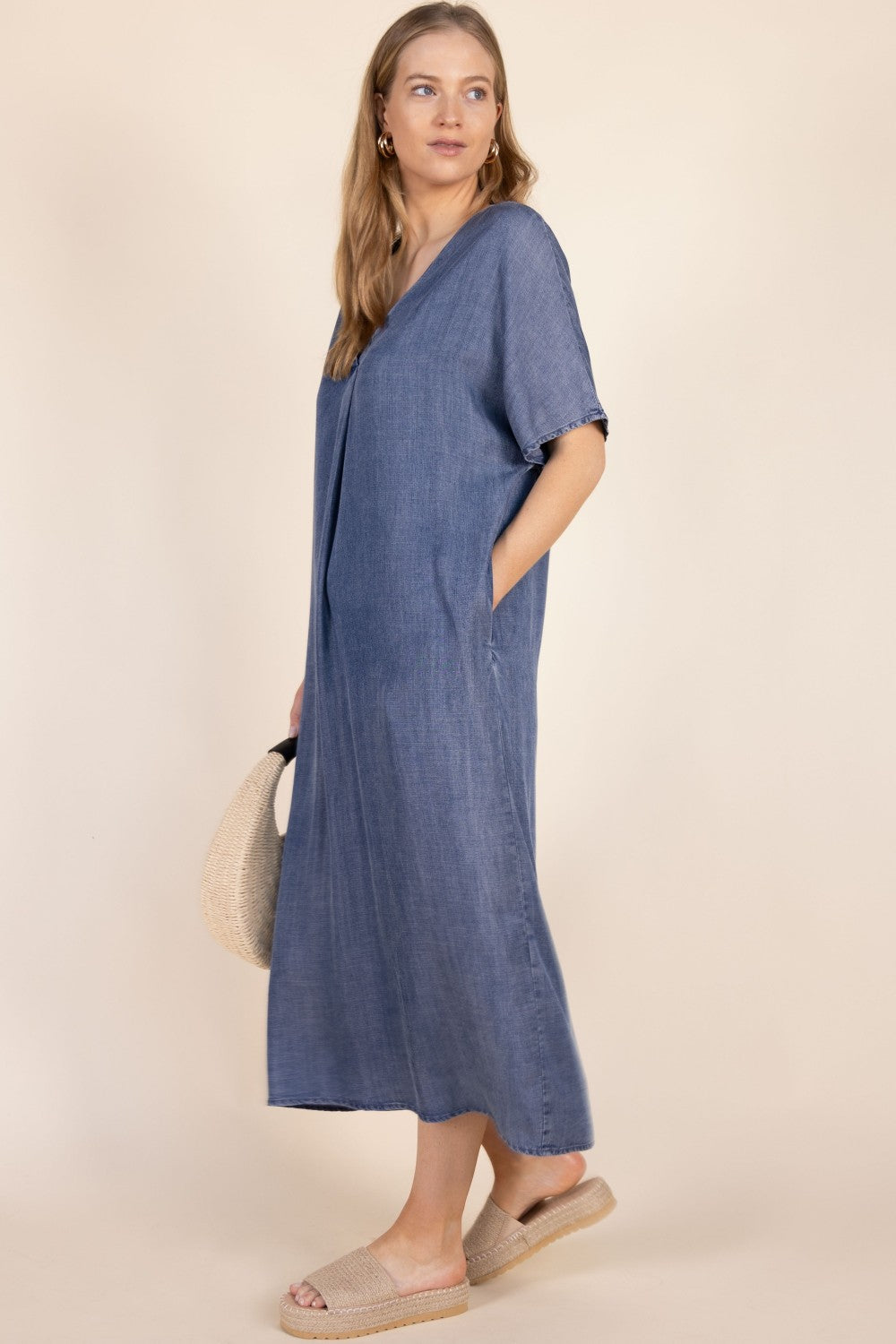 Tencel V-Neck Midi Dress