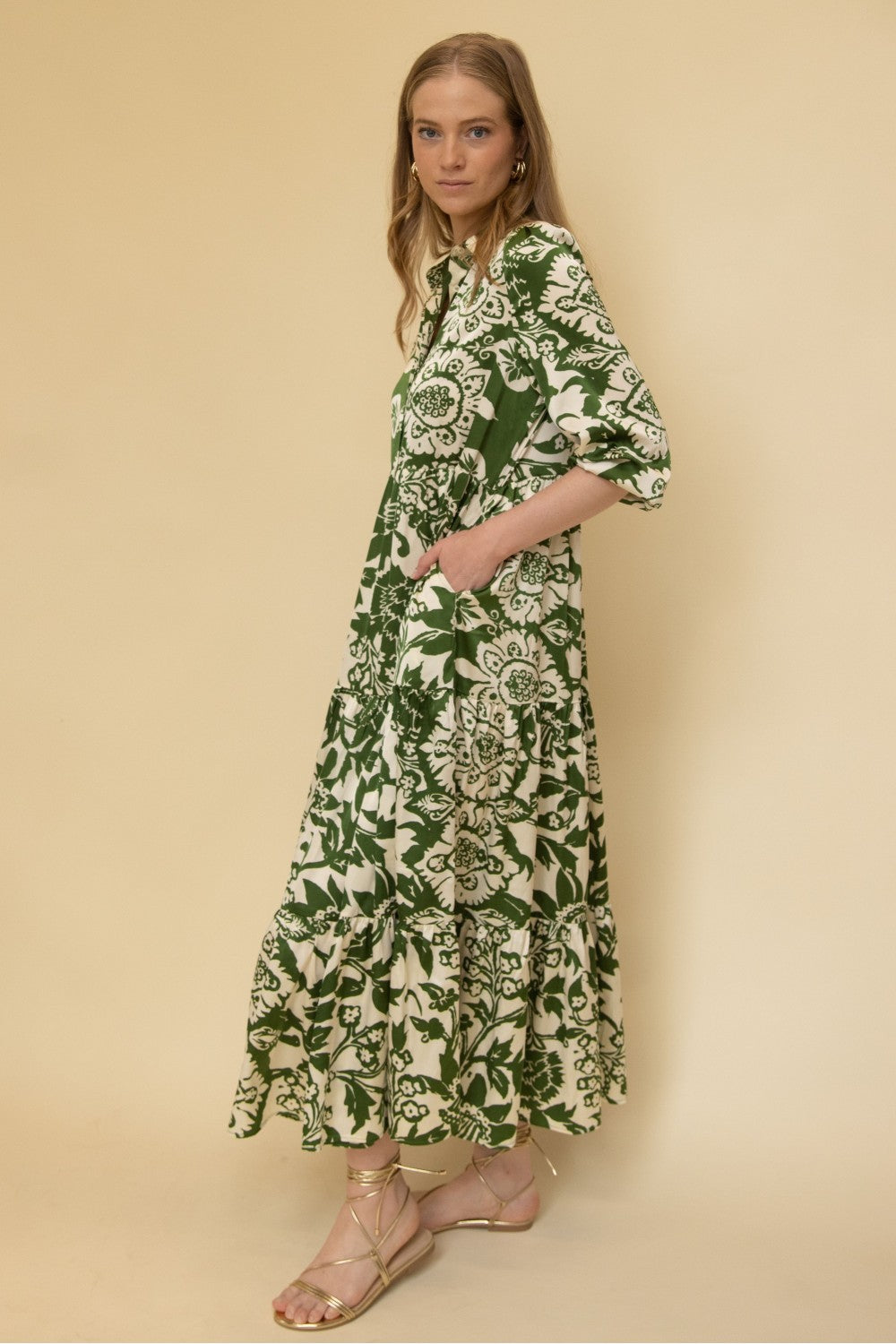 Olive and Ivory Floral Satin Tiered Maxi
