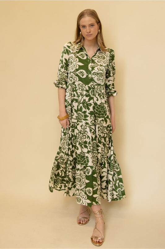Olive and Ivory Floral Satin Tiered Maxi