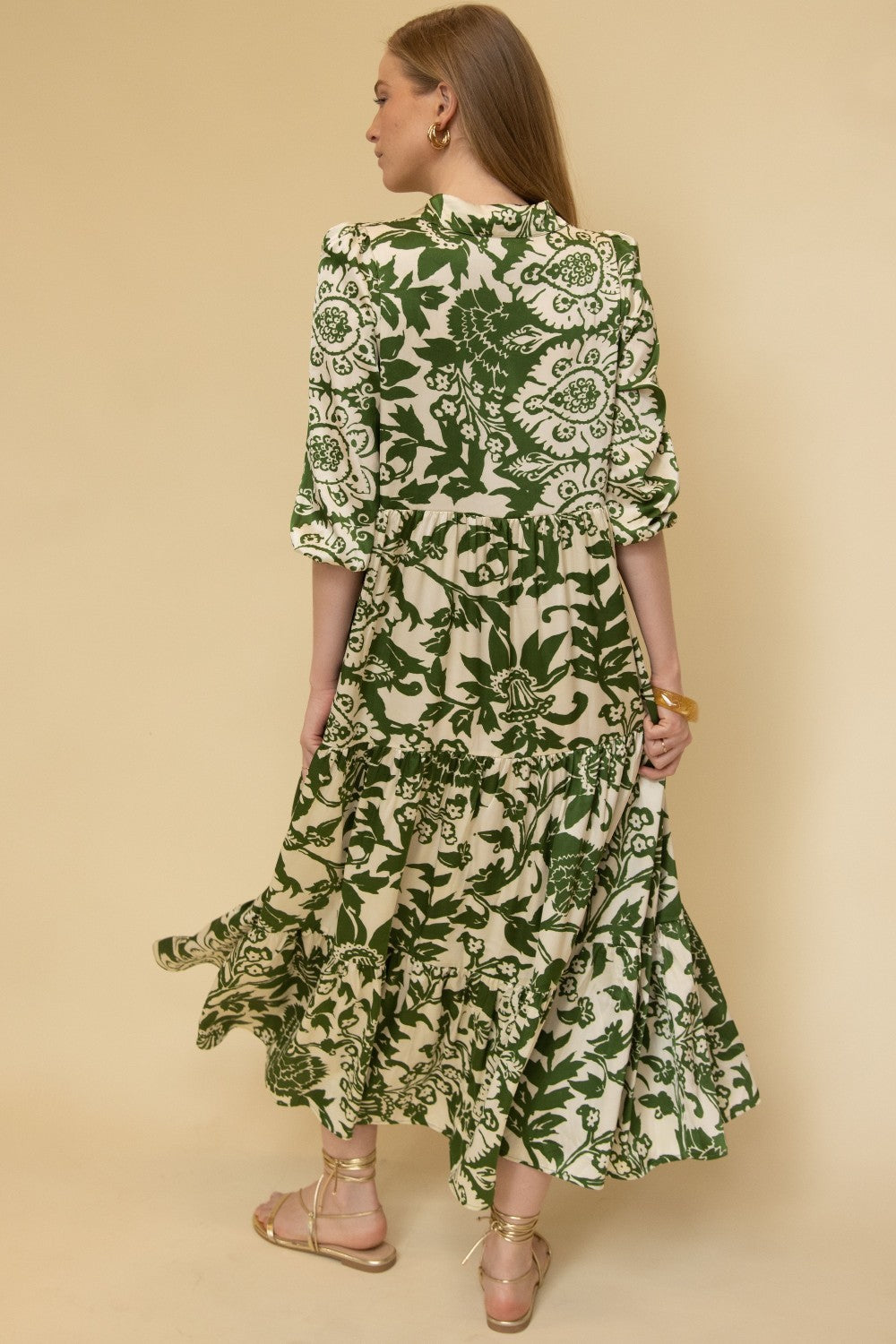 Olive and Ivory Floral Satin Tiered Maxi