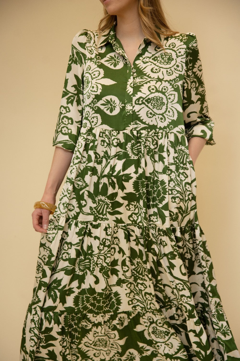 Olive and Ivory Floral Satin Tiered Maxi