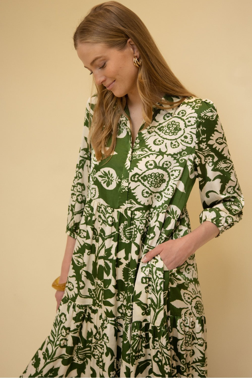 Olive and Ivory Floral Satin Tiered Maxi