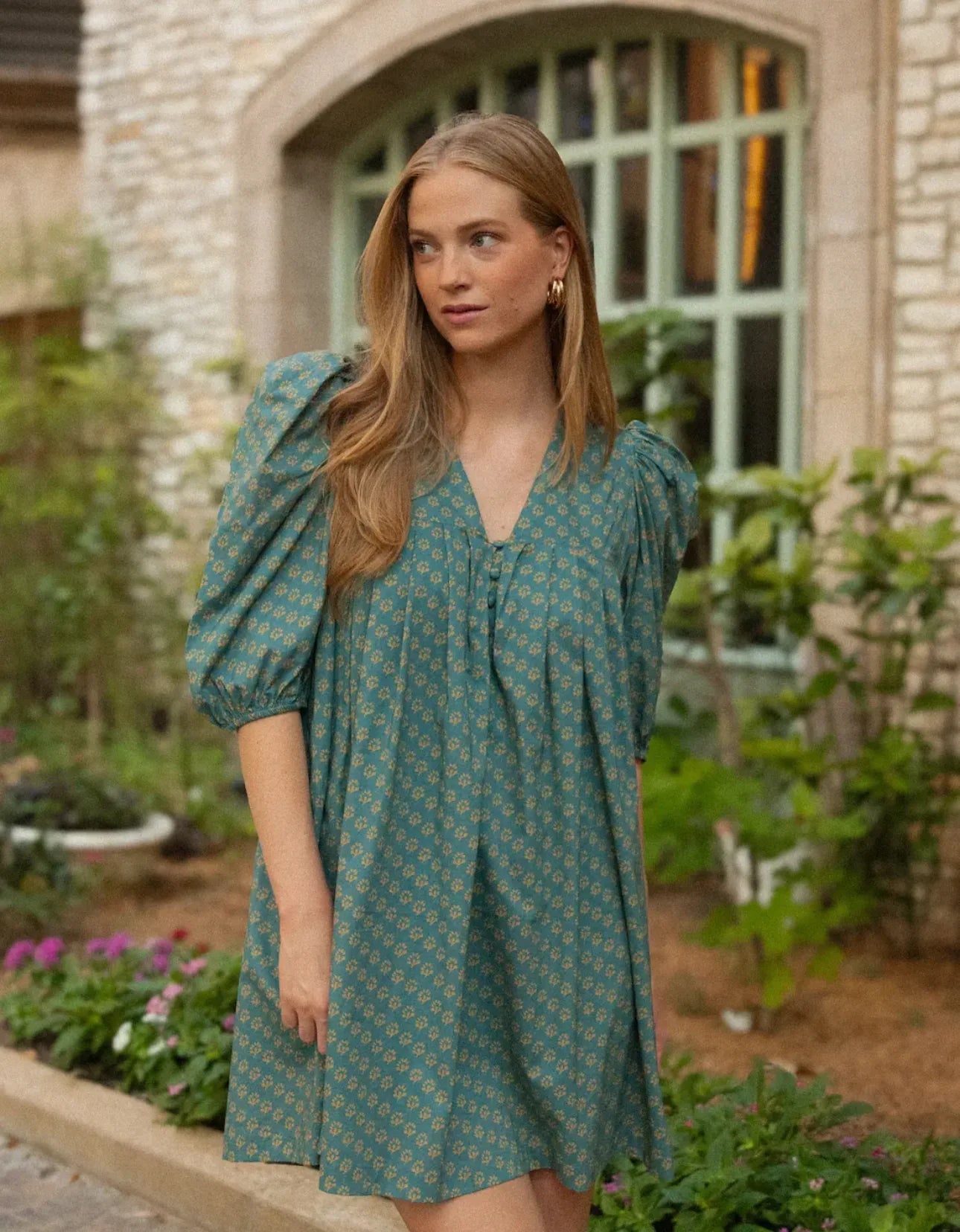 2-Tone Cotton Woven Puff Sleeve Dress