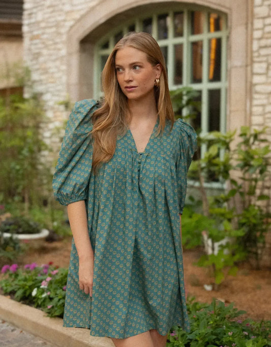 2-Tone Cotton Woven Puff Sleeve Dress
