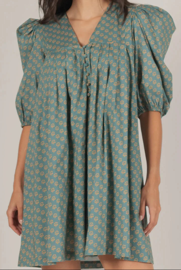 2-Tone Cotton Woven Puff Sleeve Dress
