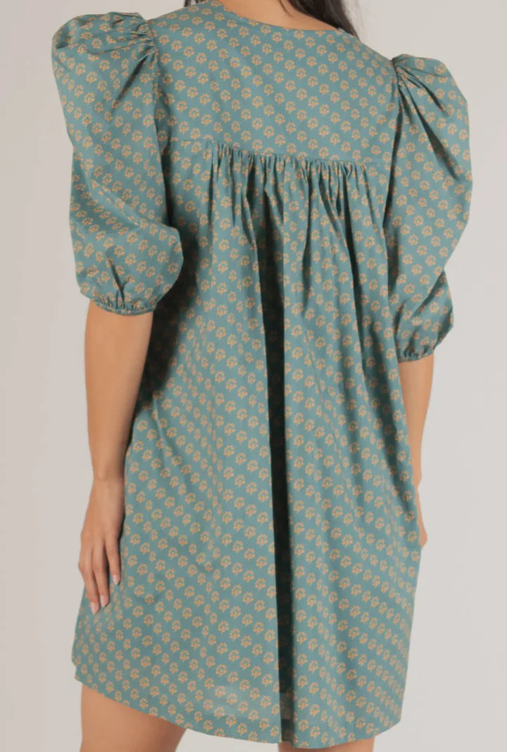 2-Tone Cotton Woven Puff Sleeve Dress